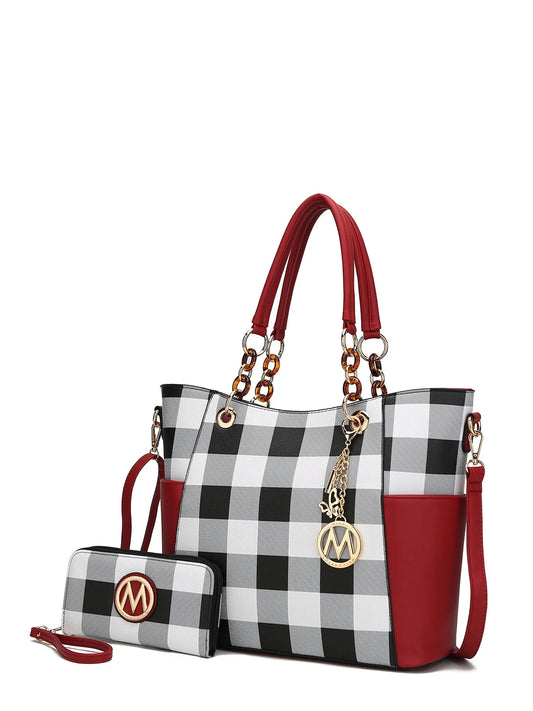 Bonita Checker Vegan Leather Tote Bag & Wallet Set by Mia K. - Red