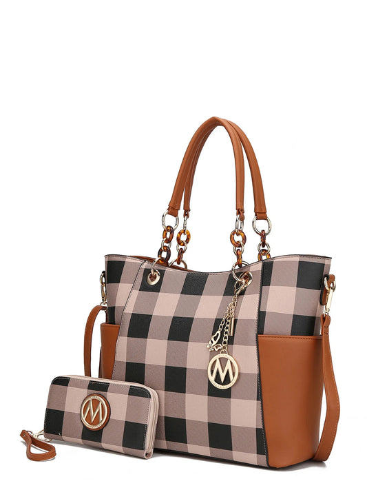 Bonita Checker Vegan Leather Tote Bag & Wallet Set by Mia K. - Cognac