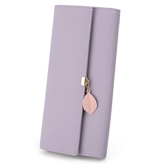 Womens Wallet PU Leather RFID Blocking Card Holder Elegant Zipper Coin Purse Leaf Pendant(Light Purple)