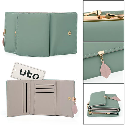 Small Wallet for Women PU Leather RFID Blocking Coin Purse Card Holder Trifold Ladies Purse Leaf Pendant(Green)