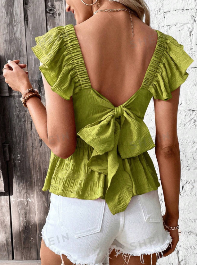 Frenchy Tie Backless Ruffle Trim Peplum Blouse