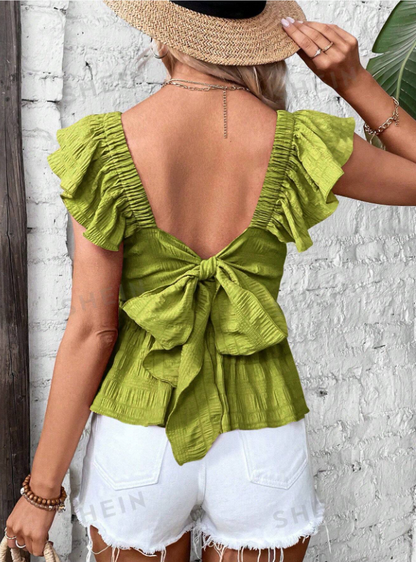 Frenchy Tie Backless Ruffle Trim Peplum Blouse