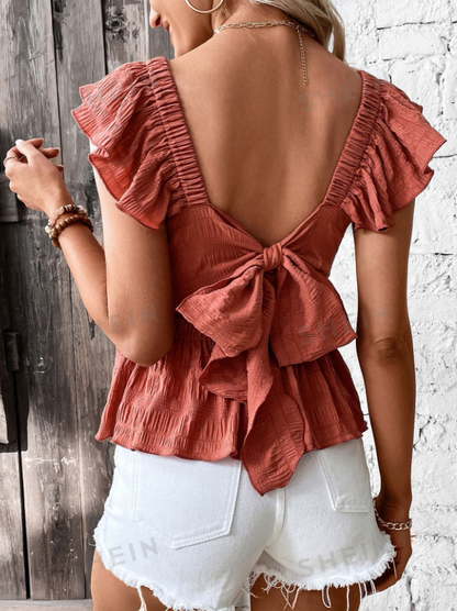 Frenchy Tie Backless Ruffle Trim Peplum Blouse