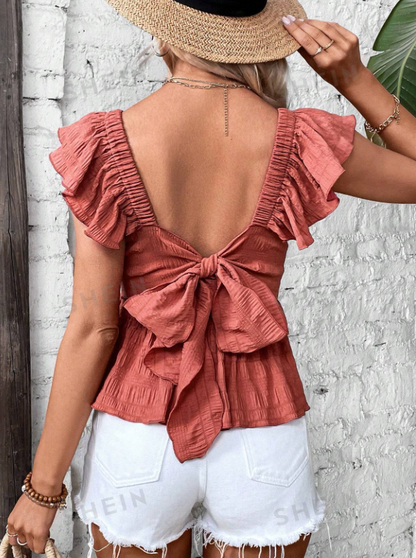 Frenchy Tie Backless Ruffle Trim Peplum Blouse