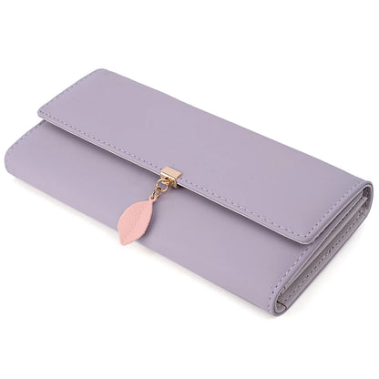 Womens Wallet PU Leather RFID Blocking Card Holder Elegant Zipper Coin Purse Leaf Pendant(Light Purple)