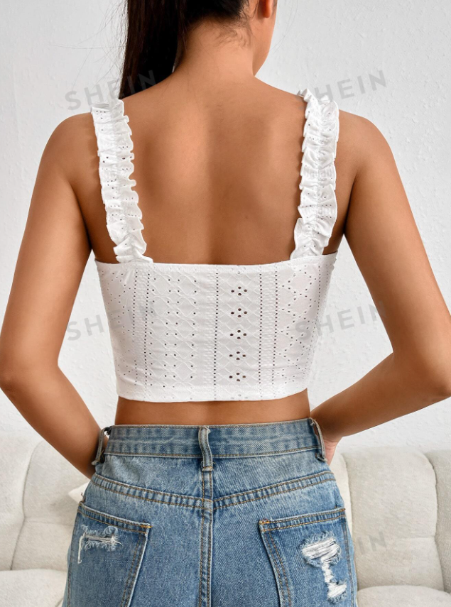 Frill Trim Tie Front Schiffy Wide Straps Top