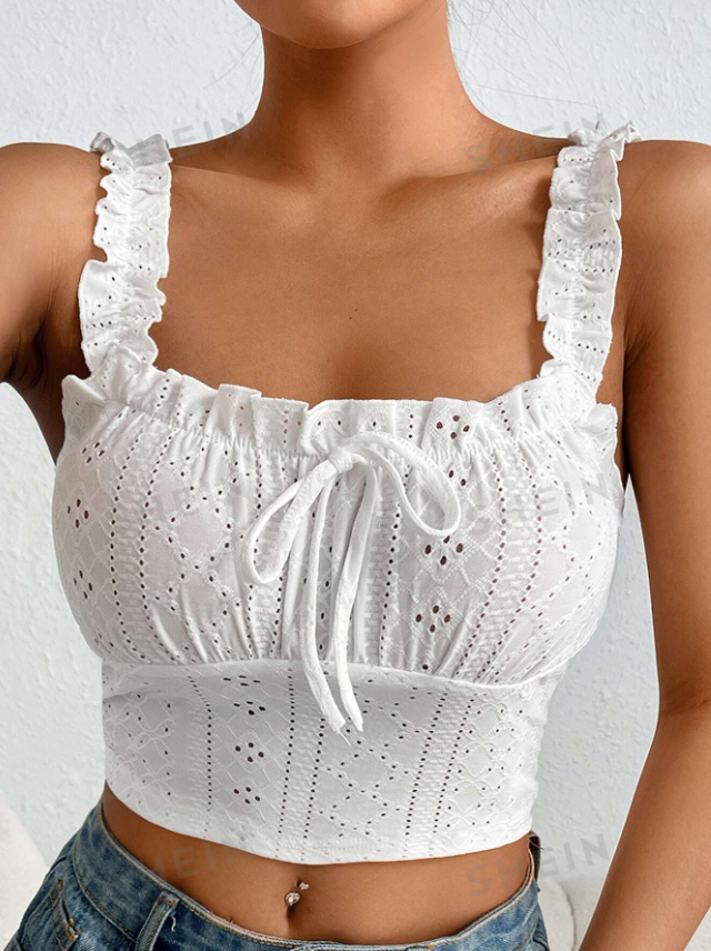 Frill Trim Tie Front Schiffy Wide Straps Top