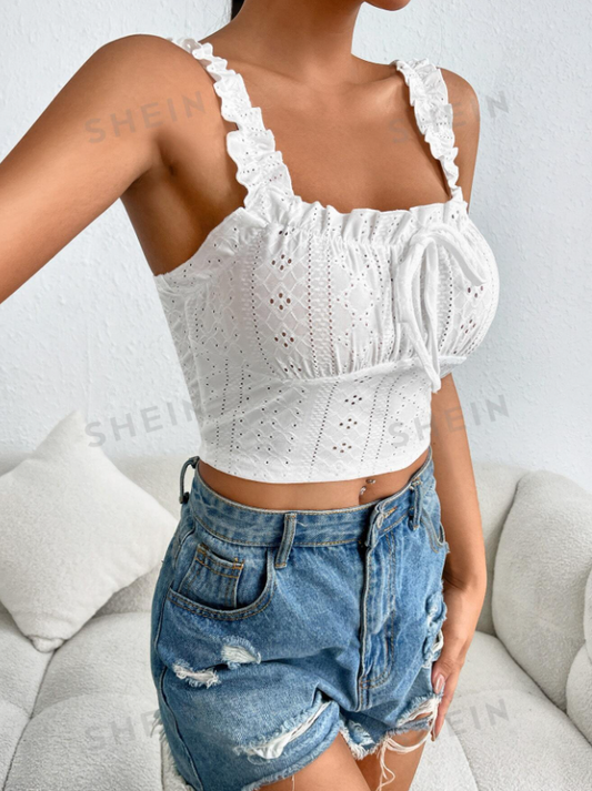 Frill Trim Tie Front Schiffy Wide Straps Top